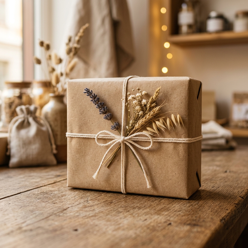 Regalos envueltos en papel kraft con detalles naturales