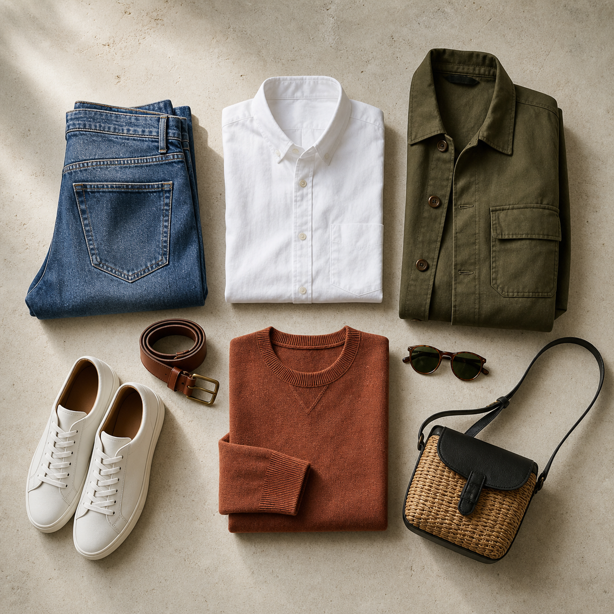 Capsula de ropa con jean, camisa, campera, sweater y accesorios sobre mesa