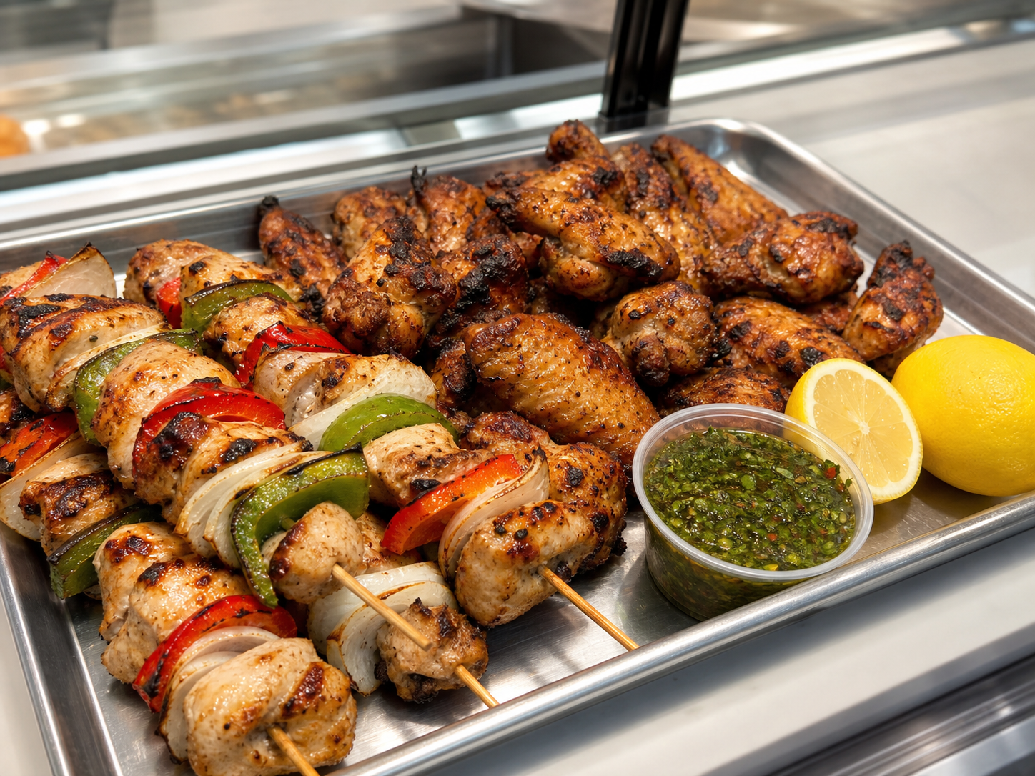 Brochettes de pollo cocidas y alitas grilladas con verduras