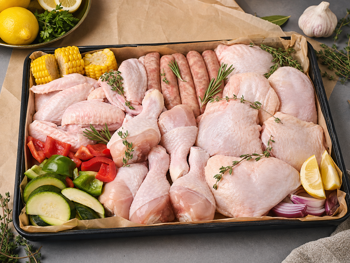 Combo parrillero con alitas, muslos, pata muslo, verduras y limón