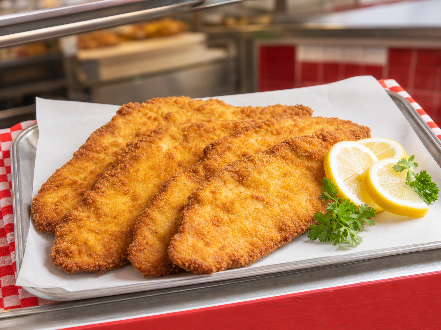 Milanesas de pollo cocidas, doradas y listas para servir