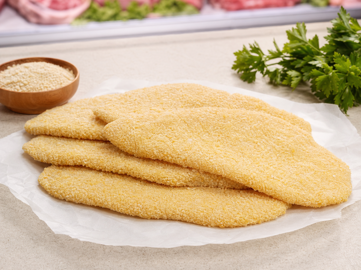 Milanesas de pollo crudas empanadas y listas para cocinar
