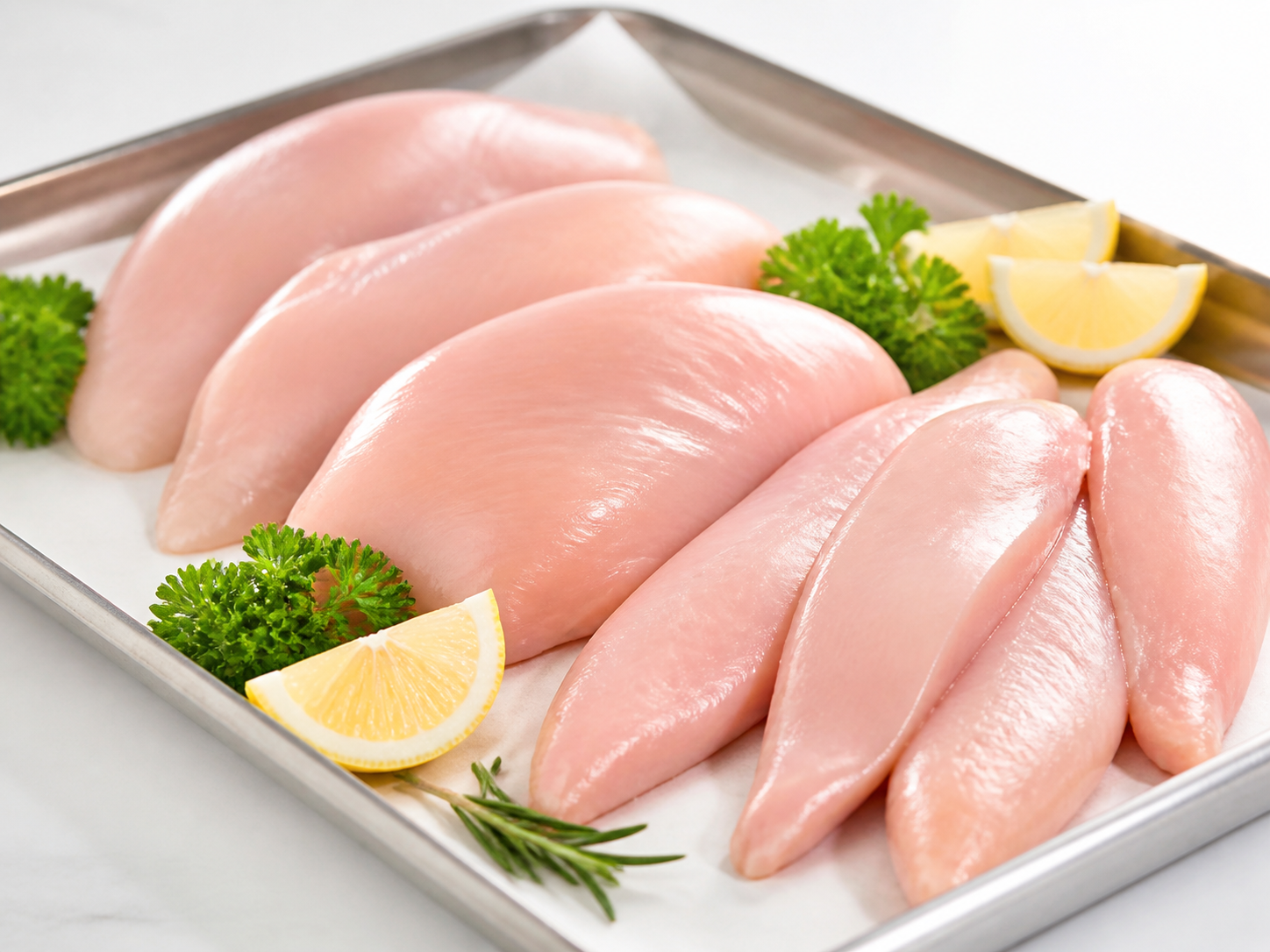Pechugas y filetes de pollo frescos sobre bandeja limpia
