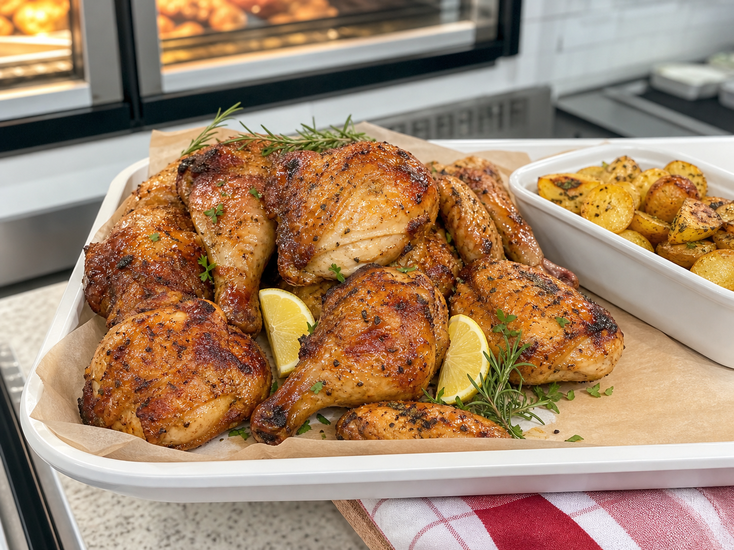 Presas de pollo al horno con piel dorada y papas